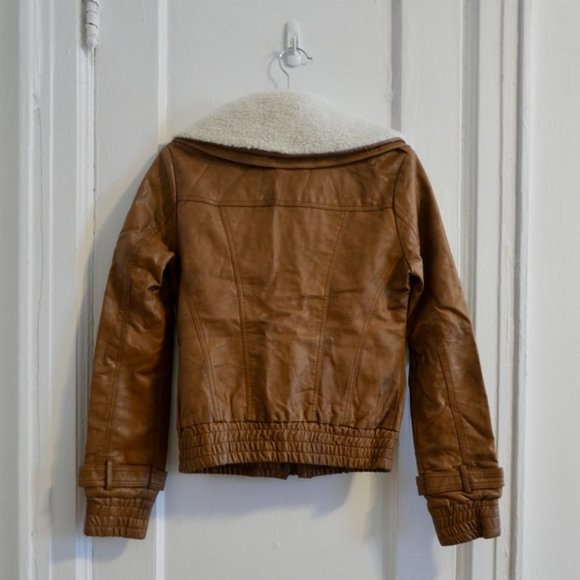 Faux Brown Leather Jacket with Removable Sherpa Collar (Size S) - Picture 2 of 3
